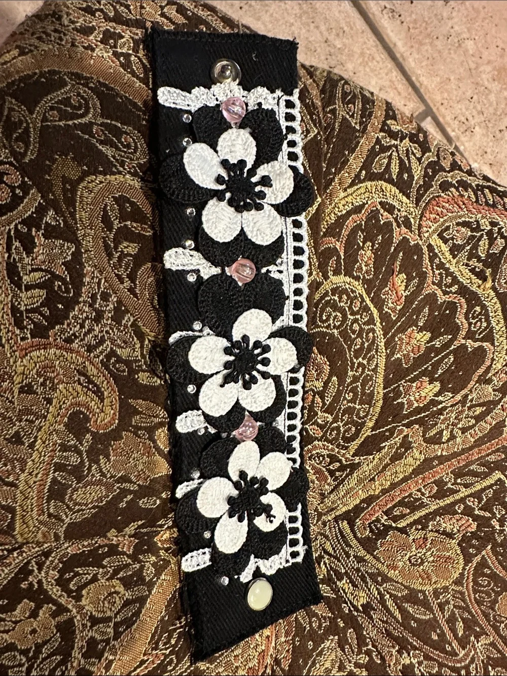 Handcrafted Black & White Floral Lace Cuff Bracelet - Women Accessories